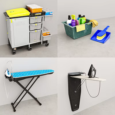 Hardware Tools Tool Cart With Storage Drawers Cleaning Brush Dustpan And Ironing Boards 3d model