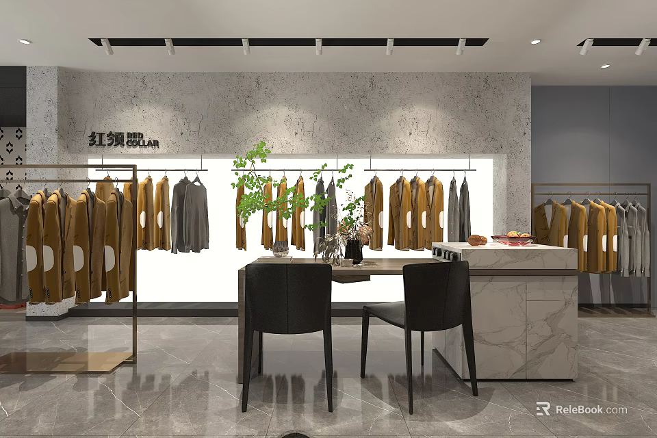 Professional Attire Clothing Store With Hanging Suits Display Area And Interior Plants 3d model 