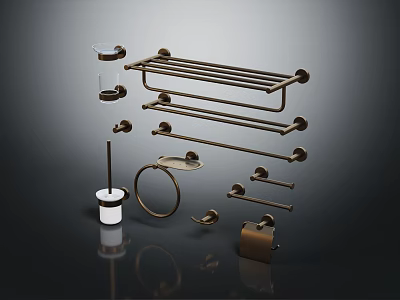 Modern Brass Bathroom Living Essentials Featuring Towel Racks Toilet Brush And Holders 3d model