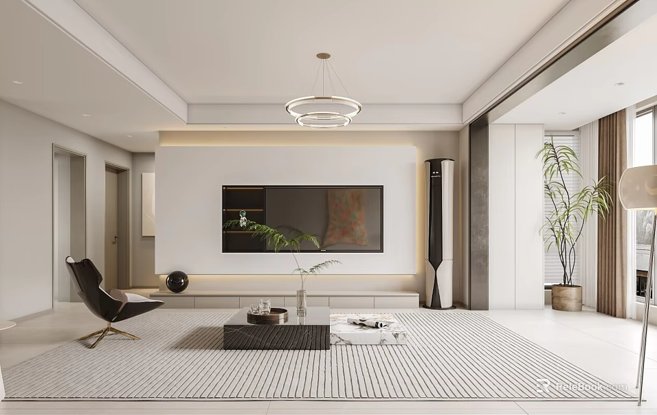 Modern Living Dining Room Interior With TV Wall Chandelier Black Armchair Coffee Table And Plants 3d model 