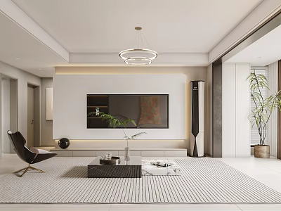 Modern Living Dining Room Interior With TV Wall Chandelier Black Armchair Coffee Table And Plants 3d model