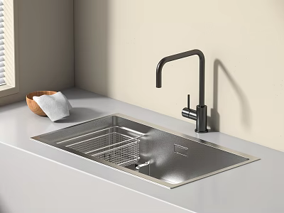 Stainless Steel Kitchen Sink with Black Faucet Wooden Bowl and Cloth 3d model