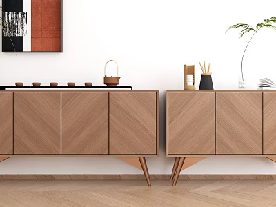 Wooden Chevron Pattern Sideboard With Triangular Legs And Decorative Basket Canisters Plant And Books 3d model