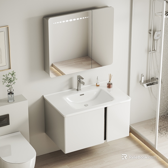 Modern White Wall Mounted Bathroom Vanity With Cabinet Mirror And Toiletries 3d model 