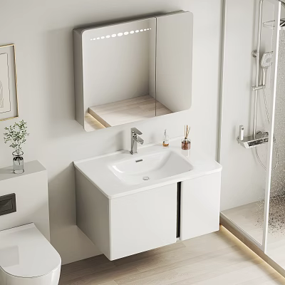 Modern White Wall Mounted Bathroom Vanity With Cabinet Mirror And Toiletries 3d model