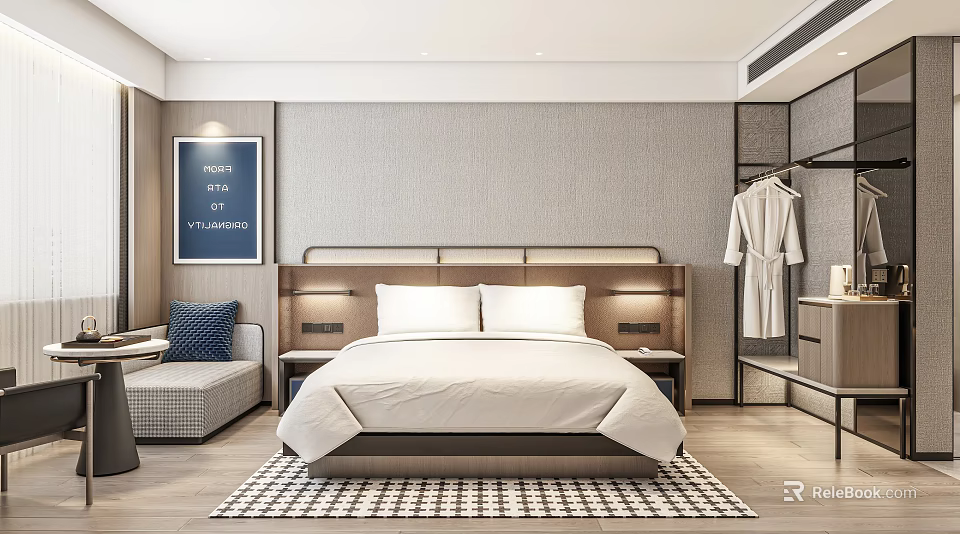 Modern Hotel Room Interior With White Bed Linens Nightstands Decorative Painting Sofa And Checkered Rug 3d model 