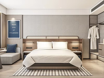 Modern Hotel Room Interior With White Bed Linens Nightstands Decorative Painting Sofa And Checkered Rug 3d model