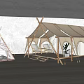 Two Tents Including Tipi And Canvas Tent With Wooden Poles In Modern Indoor Minimalist Setting