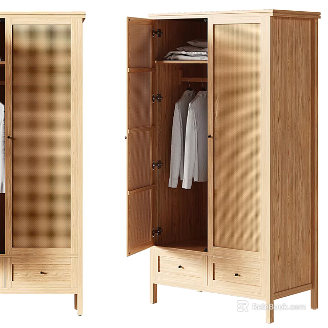 Modern Wooden Wardrobe Interior With Open Doors Hanging Clothes And Drawers 3d model 