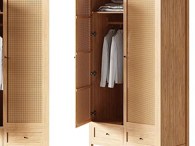Modern Wooden Wardrobe Interior With Open Doors Hanging Clothes And Drawers 3d model