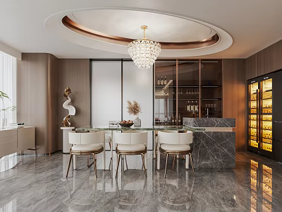 Modern Open Concept Restaurant Interior Design With Dining Table Chairs And Chandelier 3d model