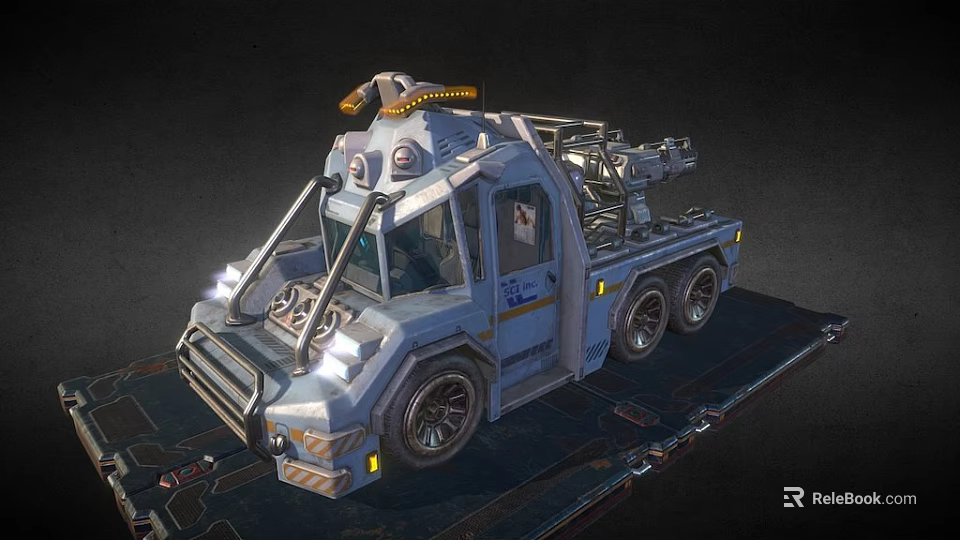 Futuristic Six Wheeled Tow Truck With Mechanical Arm And Silver Blue Exterior 3d model 