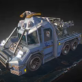 Futuristic Six Wheeled Tow Truck With Mechanical Arm And Silver Blue Exterior