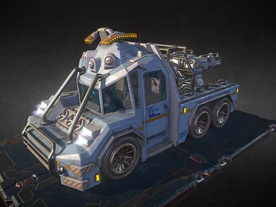 Futuristic Six Wheeled Tow Truck With Mechanical Arm And Silver Blue Exterior 3d model
