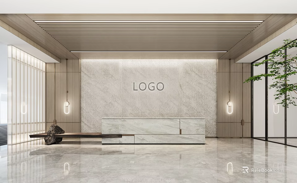 Modern Reception Desk Design With Marble Backdrop LOGO And Minimalist Lighting Elements 3d model