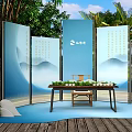 Traditional Chinese Tea Table Setup With Blue Screens Calligraphy And Mountain Patterns 3d model
