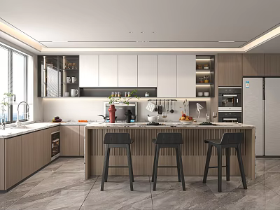 Modern Kitchen Interior With Island Countertop Cabinets Bar Stools And Appliances 3d model