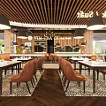 Elegant Modern Restaurant Interior With Wooden Decor Pendant Lights And Green Plants
