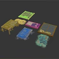 Various Furniture Pieces With Wooden Frames And Blue Gray Fabric Mattresses