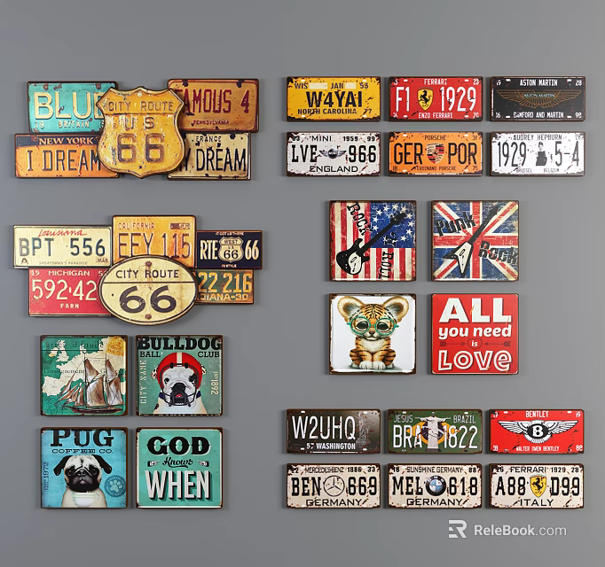 Public Facility Wall Display With Vintage Decorative Signs And Various Patterns 3d model 