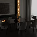Elegant Modern Dining Table Set With Marble Top Beige Upholstered Chairs Fireplace And Water View