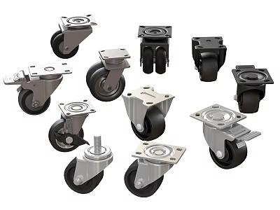 Various Types of Industrial Caster Wheels With Metal Brackets And Black Rubber Tires 3d model