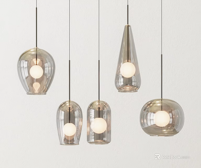 Modern Glass Pendant Lights With Different Shapes And Transparent Design On White Background 3d model 