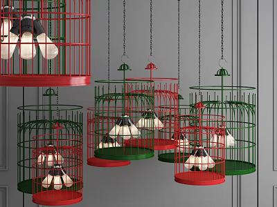 Colorful Birdcage Shaped Chandeliers with Red Green Frames and Hanging Bulbs 3d model
