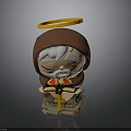Cute Monk Sculpture in Brown Hooded Robe With Yellow Halo Holding Red Heart and Cross