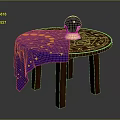 Round Wooden Table With Blue Tablecloth Featuring Yellow Stars And Moon Patterns And Celestial Globe