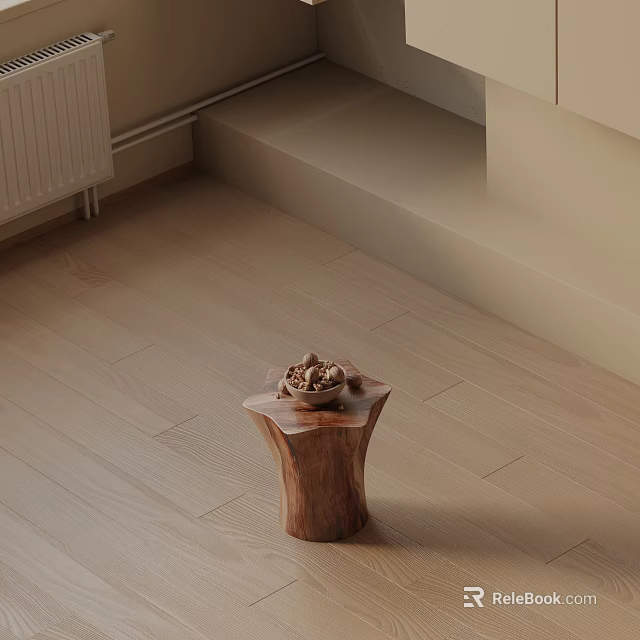 Wooden Side Table on Light Wooden Floor with Nut Bowl and Light Walls Near Steps 3d model 