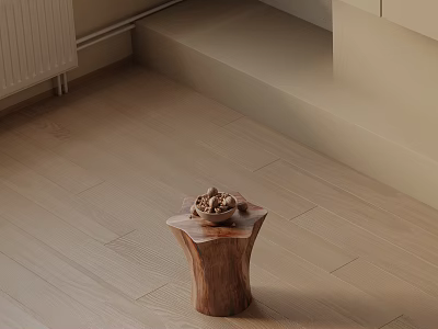 Wooden Side Table on Light Wooden Floor with Nut Bowl and Light Walls Near Steps 3d model