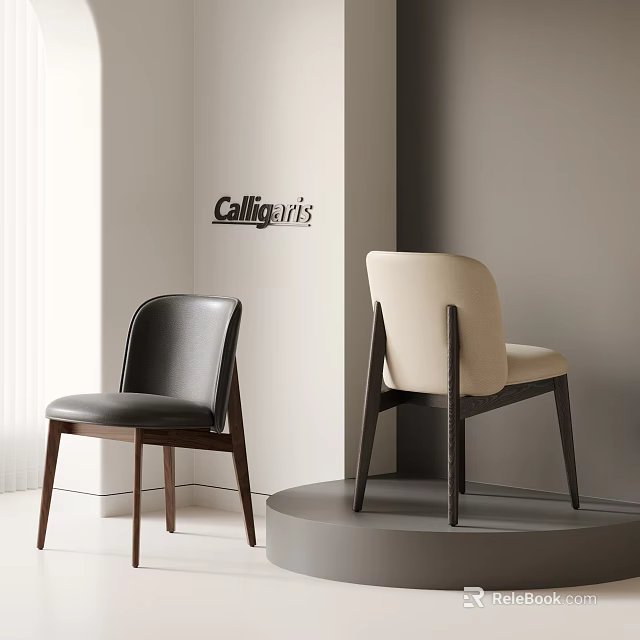 Modern Minimalist Dining Chairs With Black Leather And Beige Fabric Seats And Wooden Legs 3d model 
