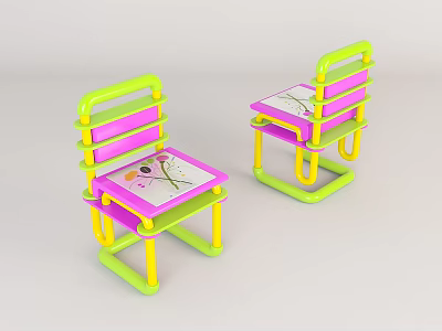 Colorful Kids Leisure Chairs With Pink Seats Green Backs Yellow Legs And Cartoon Patterns 3d model