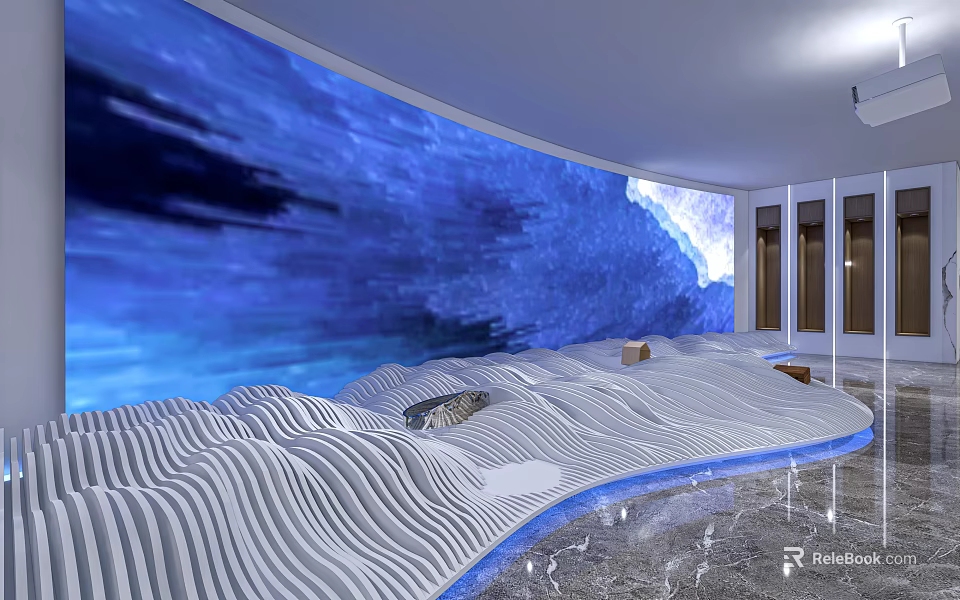 Contemporary Interior Design Featuring Blue Wavy Wall And White Curved Floor 3d model 