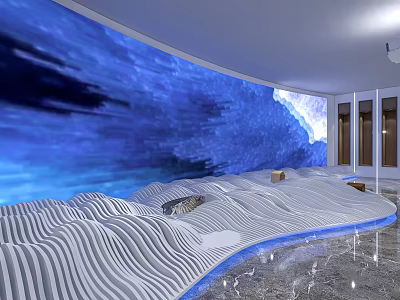 Contemporary Interior Design Featuring Blue Wavy Wall And White Curved Floor 3d model