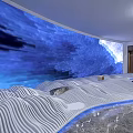 Contemporary Interior Design Featuring Blue Wavy Wall And White Curved Floor 3d model