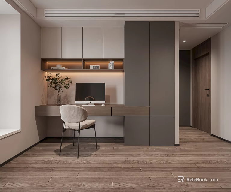 Modern Home Office Interior With Wooden Desk Computer Chair And Bookshelf Cabinet 3d model 