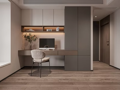 Modern Home Office Interior With Wooden Desk Computer Chair And Bookshelf Cabinet 3d model