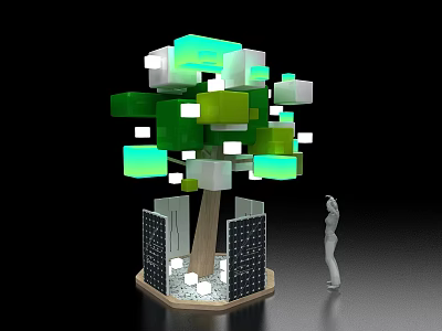 Modern Creative Tree Shaped Display Shelf With Colorful Cubes Hexagonal Base Lighting And Solar Panels 3d model
