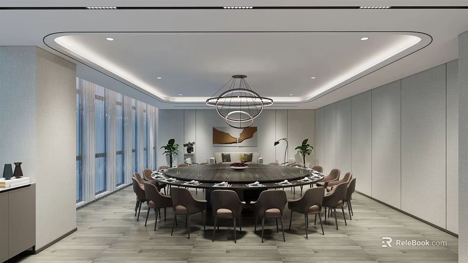 Spacious Modern Private Dining Room With Large Round Table Chandelier And Windows 3d model