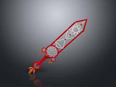 Red Geometric Sword with White Lines Decorative Hilt and Orange Circular Components 3d model