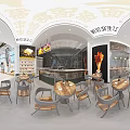 Modern Restaurant Featuring Open Kitchen Dining Tables Chairs Food Display Cabinet Pendant Lights Decorative Painting