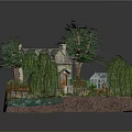 Scenic Miniature Cottage Garden Landscape With Willow Trees Pond And Greenhouse