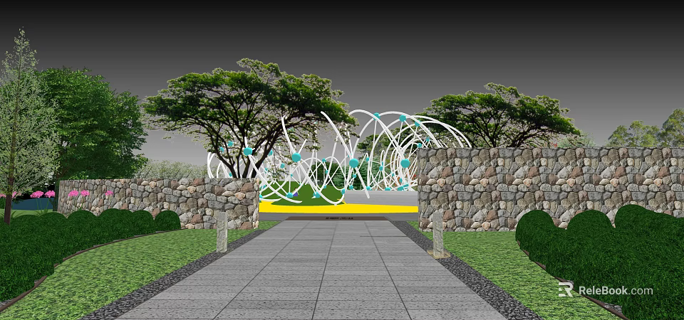 Scenic Park Landscape with Stone Pathway Abstract Sculpture Stone Walls and Trees 3d model 