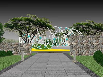 Scenic Park Landscape with Stone Pathway Abstract Sculpture Stone Walls and Trees 3d model