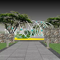 Scenic Park Landscape with Stone Pathway Abstract Sculpture Stone Walls and Trees