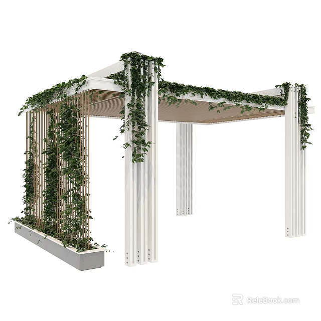 White Frame Pergola With Green Vines On Columns And Top Structure 3d model 