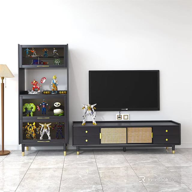 Black TV Stand with Gold Legs Rattan Doors Drawers and Display Shelf for Action Figures 3d model 