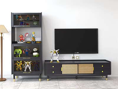 Black TV Stand with Gold Legs Rattan Doors Drawers and Display Shelf for Action Figures 3d model